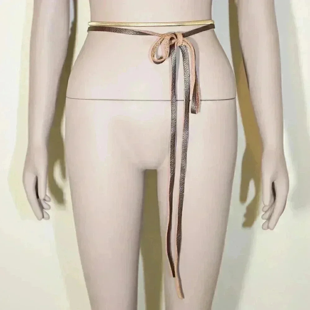 Boho Chic‎ Brown Gold Snake Leather Skinny Belt One Size Handmade Leather Belt
